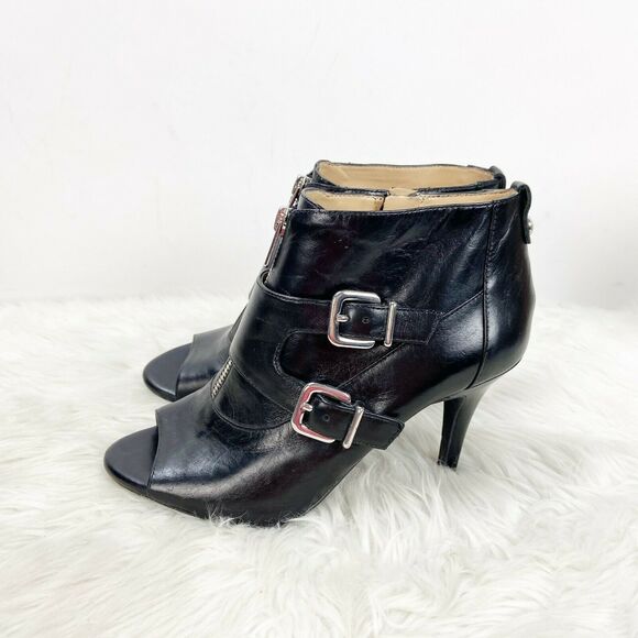 Antonio Melani 7 M Womens Black Leather Double Buckle Peep Toe Ankle Booties - Picture 5 of 10